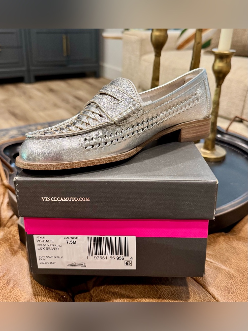 Vince Camuto Metallic Silver Woven Leather Penny Loafer